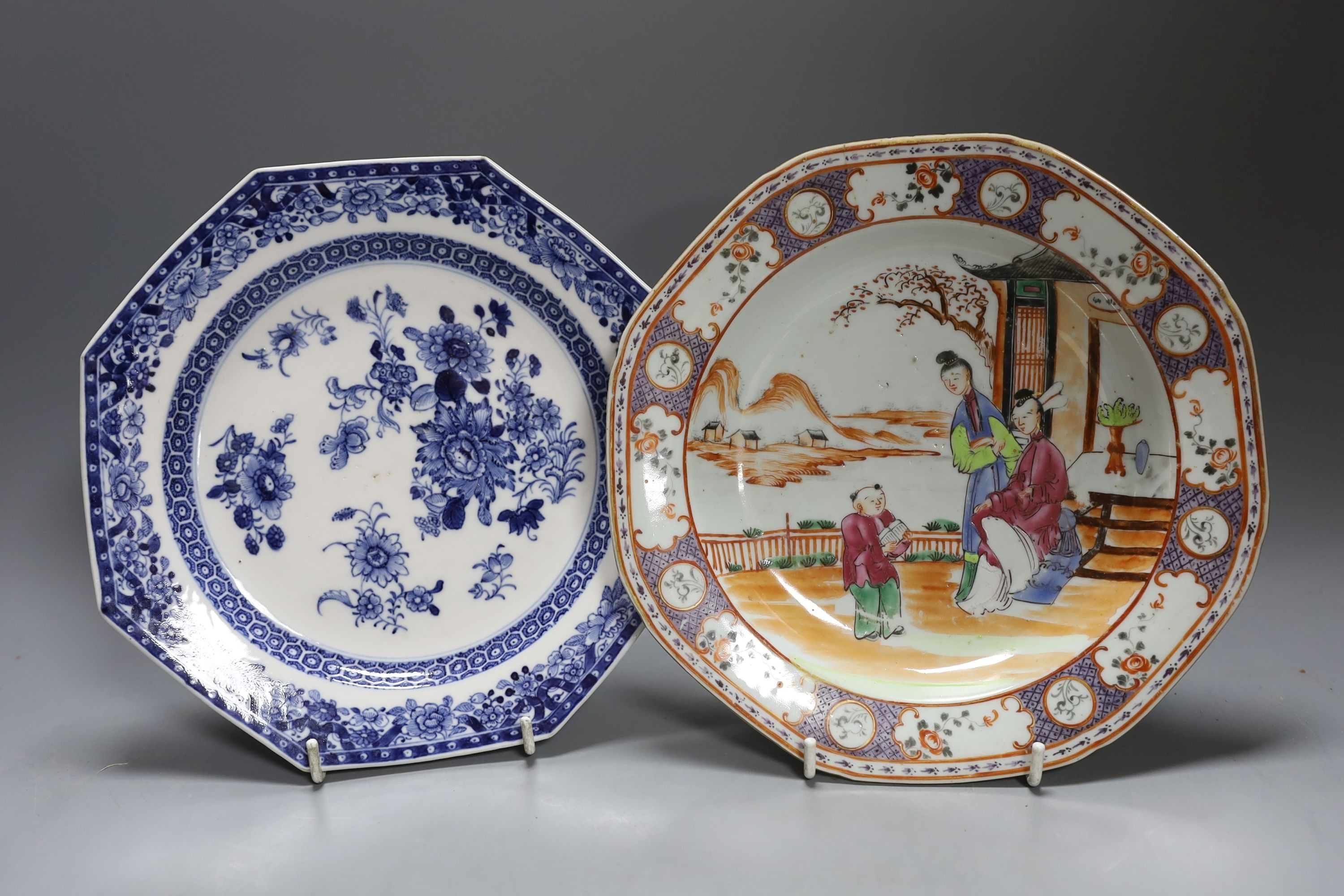 An 18th century Chinese export blue and white plate and dish, a blue and white vase and a famille rose plate